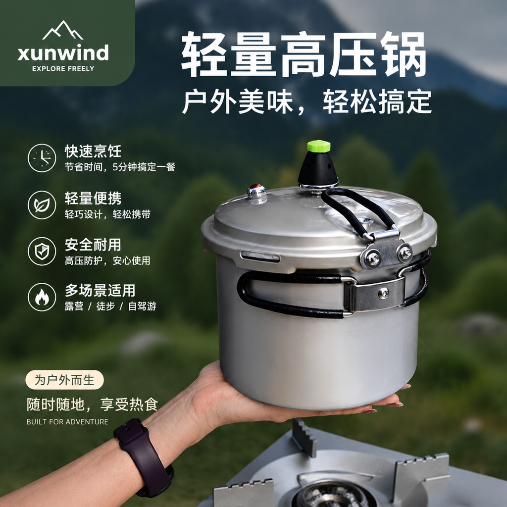 Xunwind Lightweight Outdoor Portable Pressure Cooker, 5 Min Fast Cook Aviation Aluminum Pressure Pot for Camping Hiking Road Trip